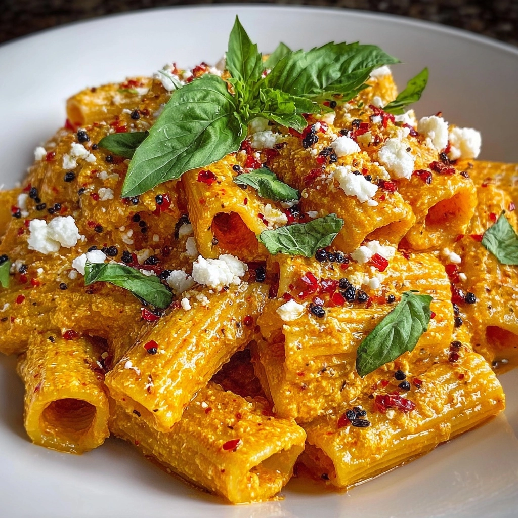 Roasted Red Pepper Cream Rigatoni with Feta Recipe 2 Roasted Red Pepper Cream Rigatoni with Feta Recipe - Recipe Image