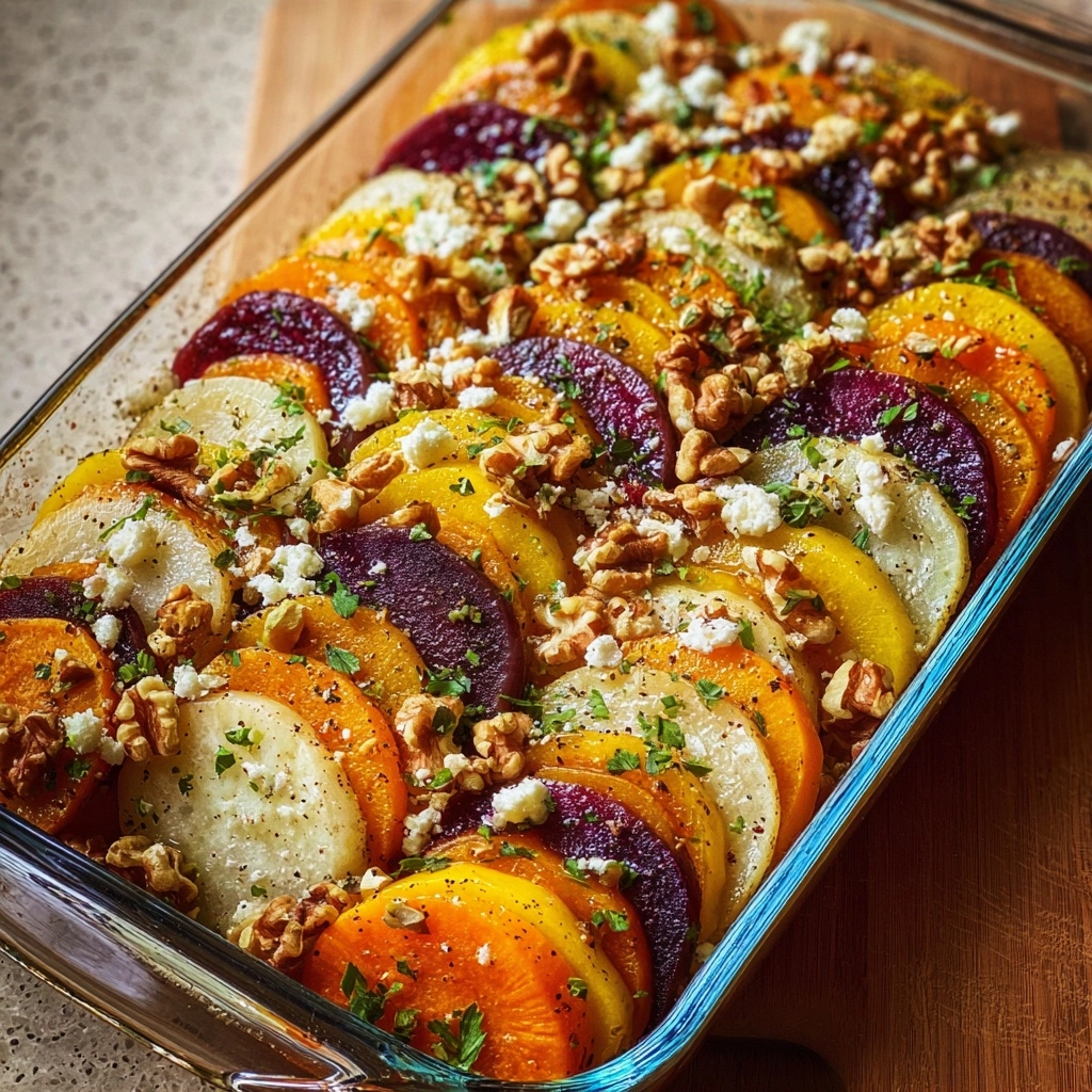 Layered Beet, Sweet Potato & Feta Gratin with Walnuts Recipe 2 Layered Beet, Sweet Potato & Feta Gratin with Walnuts Recipe - Recipe Image