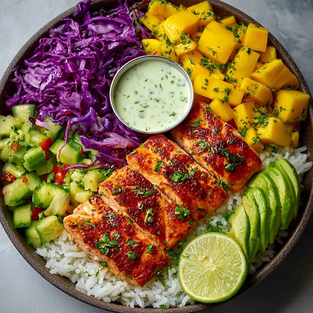 Salmon & Avocado Bowls with Mango Salsa & Lime-Chili Sauce Recipe - Recipe Image