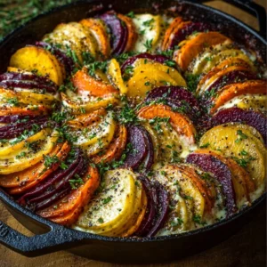 Layered Beet, Potato & Carrot Gratin with Feta & Thyme Recipe