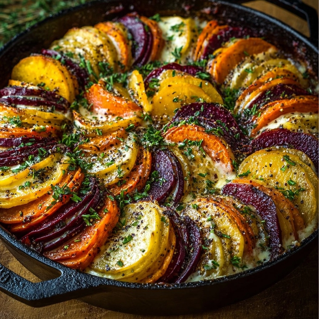 Layered Beet, Potato & Carrot Gratin with Feta & Thyme Recipe 6 Layered Beet, Potato & Carrot Gratin with Feta & Thyme Recipe - Recipe Image