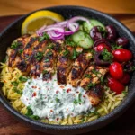 Greek Chicken Souvlaki Bowls with Roasted Garlic Feta Cream Recipe