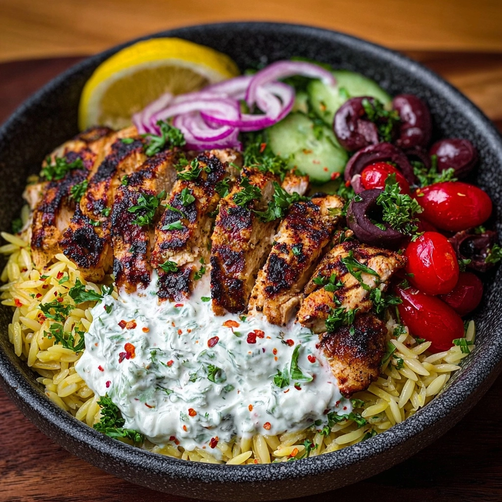 Greek Chicken Souvlaki Bowls with Roasted Garlic Feta Cream Recipe - Recipe Image
