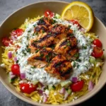 Lemon Dijon Chicken Orzo Bowl with Lemon Feta Yogurt Sauce Recipe