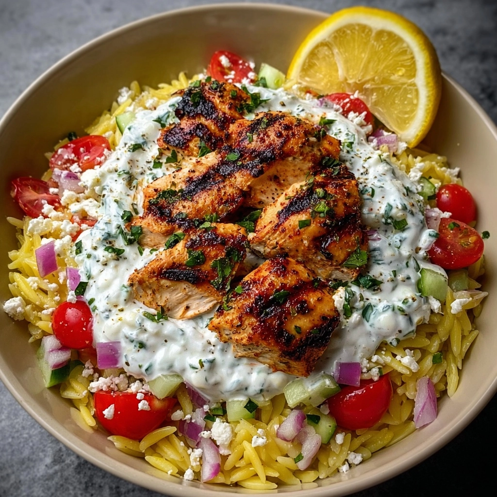 Lemon Dijon Chicken Orzo Bowl with Lemon Feta Yogurt Sauce Recipe