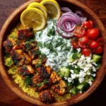 Greek Chicken Souvlaki Bowls with Garlic Feta Sauce Recipe