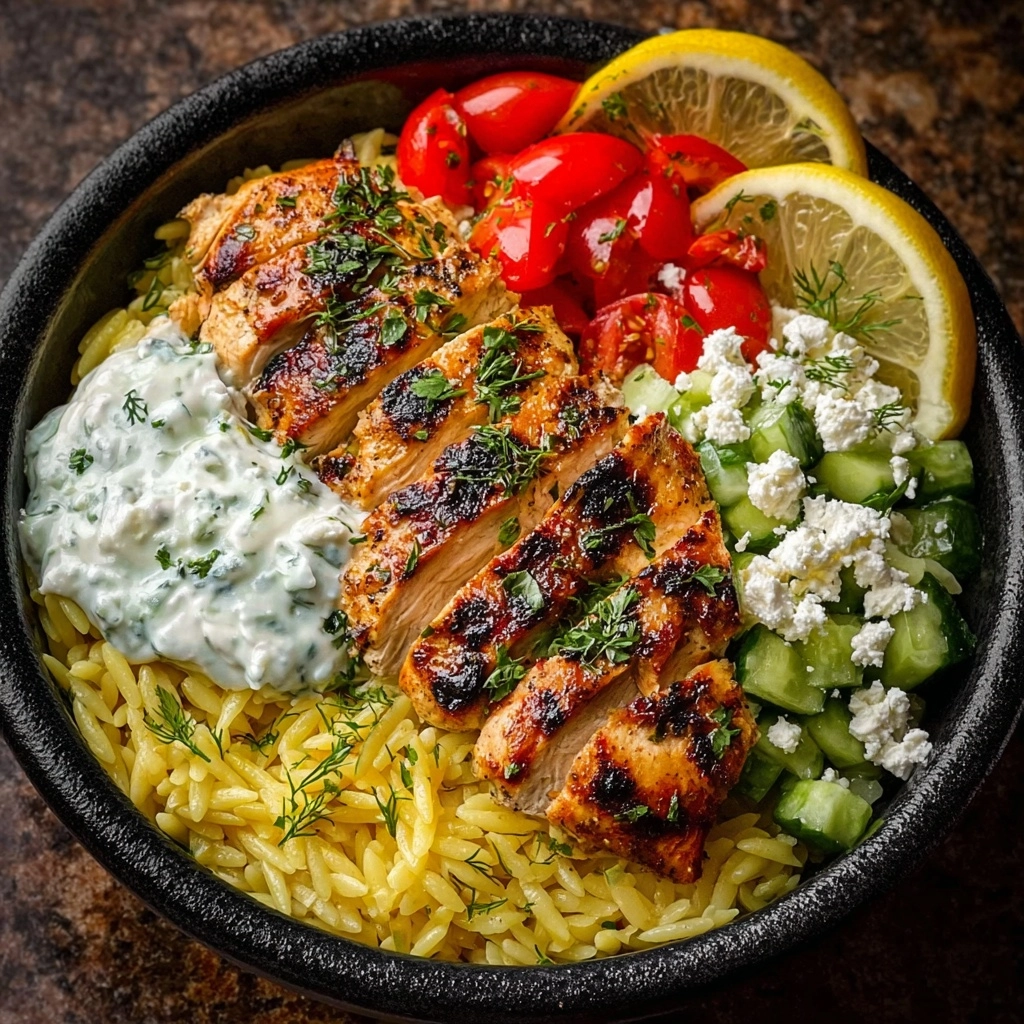 Lemon Dijon Chicken Orzo Bowl with Yogurt Whipped Feta Recipe - Recipe Image
