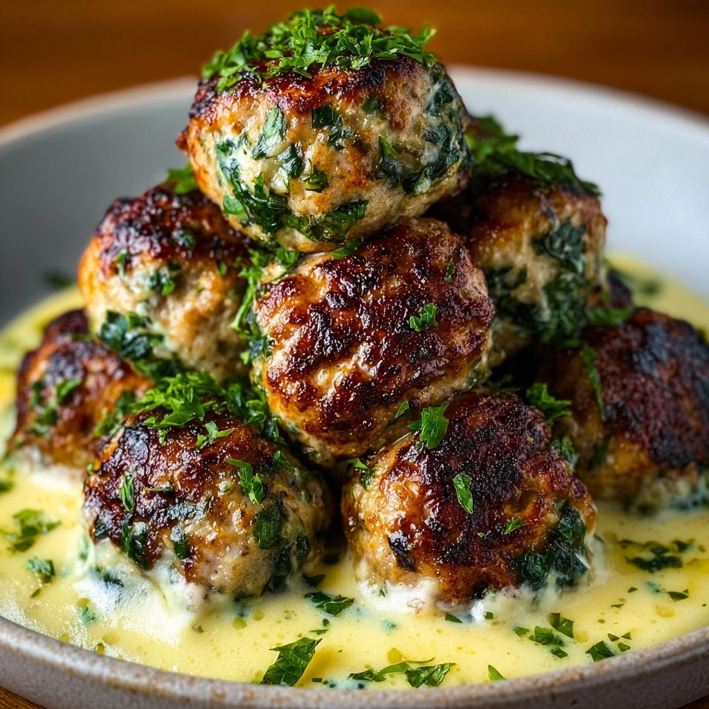 Baked Chicken Ricotta Meatballs with Spinach Alfredo Sauce Recipe - Recipe Image