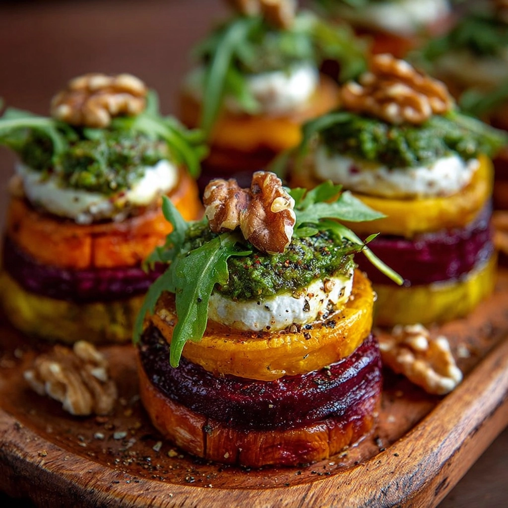 Sweet Potato & Beet Stacks with Pesto, Burrata & Walnuts Recipe - Recipe Image