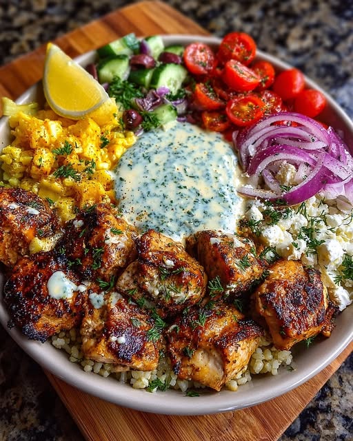 Greek Chicken Souvlaki Bowls with Tahini Garlic Sauce Recipe - Recipe Image