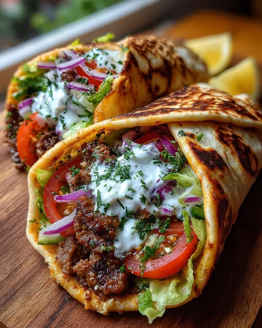 Greek Beef Wraps with Garlic Yogurt Feta Sauce Recipe - Recipe Image