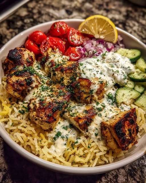 Greek Chicken Souvlaki Rice Bowls with Creamy Feta Sauce Recipe 2 Greek Chicken Souvlaki Rice Bowls with Creamy Feta Sauce Recipe - Recipe Image