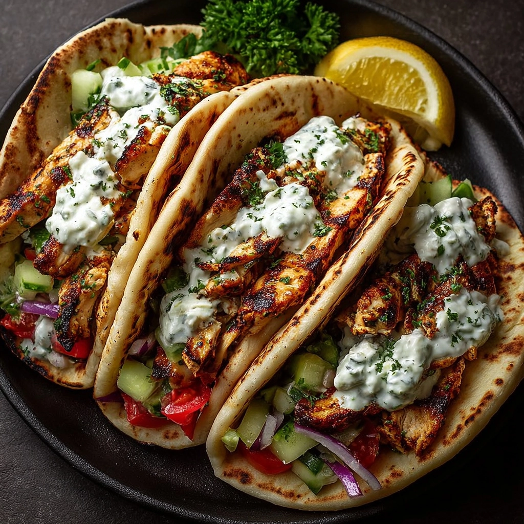 Greek Chicken Pita Wraps with Tahini Yogurt Sauce Recipe 6 Greek Chicken Pita Wraps with Tahini Yogurt Sauce Recipe - Recipe Image