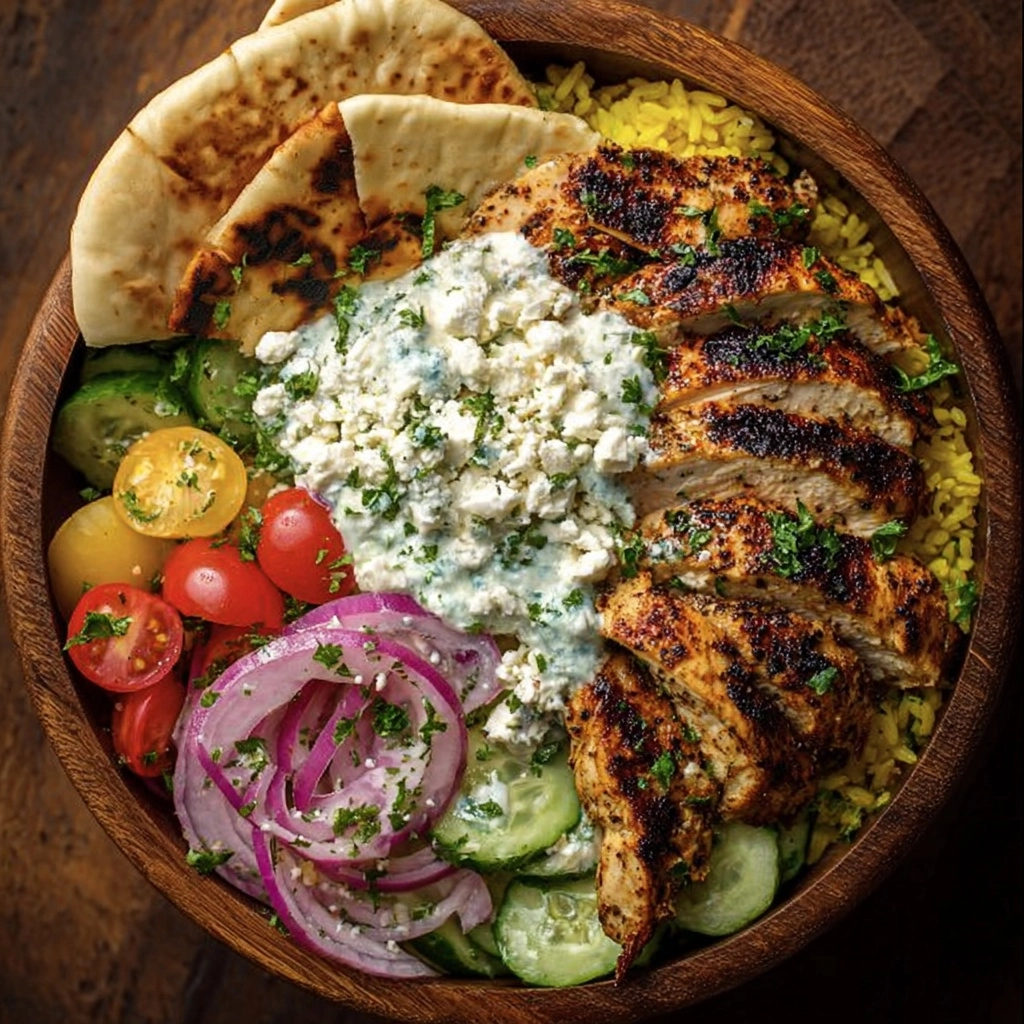 Mediterranean Chicken Pita Bowl with Garlic Feta Sauce Recipe - Recipe Image