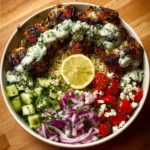 Greek Chicken Souvlaki Bowls with Lemon Feta Sauce Recipe