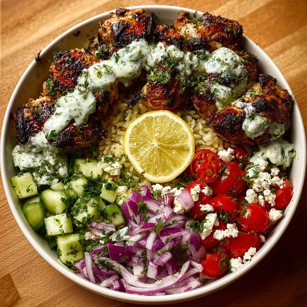 Greek Chicken Souvlaki Bowls with Lemon Feta Sauce Recipe - Recipe Image