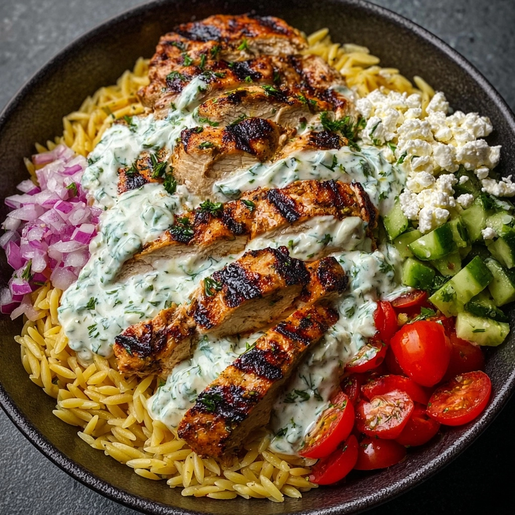 vLemon Dijon Chicken Orzo Bowl with Spicy Feta Yogurt Sauce Recipe - Recipe Image