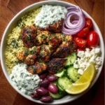 Greek Chicken Souvlaki Bowls with Honey Feta Sauce Recipe