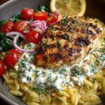 Lemon Dijon Chicken Orzo Bowl with Dill Feta Yogurt Sauce Recipe