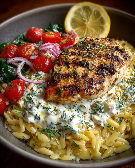 Lemon Dijon Chicken Orzo Bowl with Dill Feta Yogurt Sauce Recipe