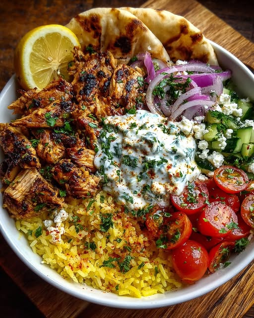 Greek Chicken Gyro Bowl with Spicy Lemon Garlic Feta Recipe