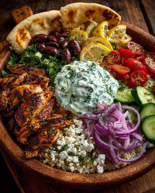 Mediterranean Chicken Pita Bowl with Honey Feta Sauce Recipe