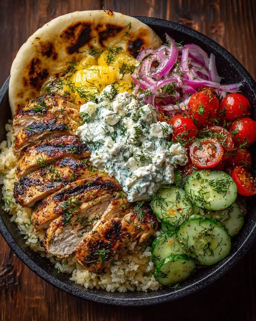 Greek Chicken Gyro Bowls with Creamy Garlic Dill Feta Recipe
