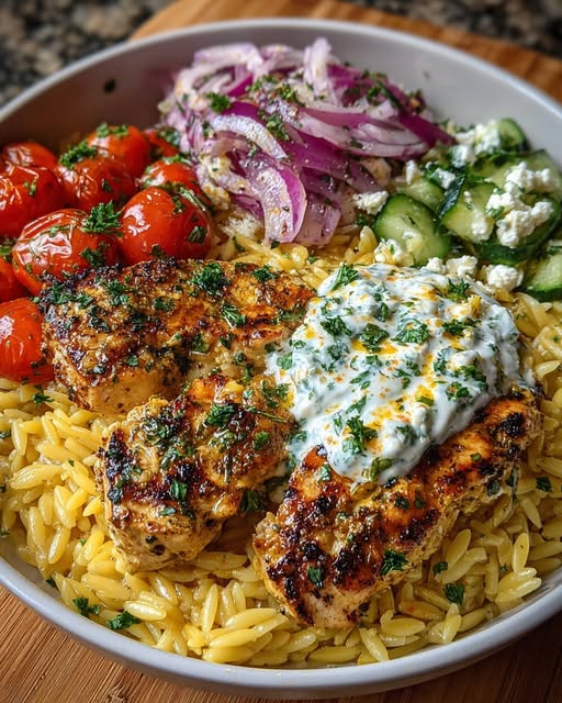 Lemon Dijon Chicken Orzo Bowl with Honey Feta Yogurt Sauce Recipe - Recipe Image