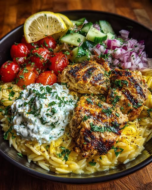 Lemon Dijon Chicken Orzo Bowl with Lemon Whipped Feta Recipe