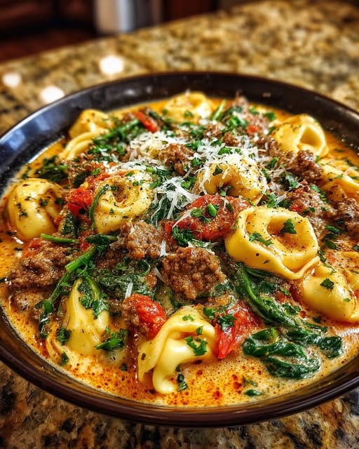 Creamy Garlic Butter Beef and Spinach Tortellini Recipe