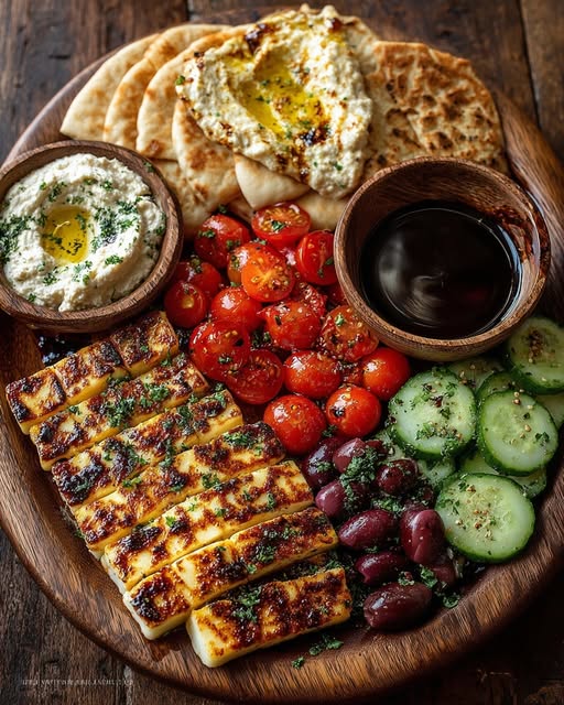 Greek Halloumi Mezze Platter with Balsamic Drizzle Recipe - Recipe Image