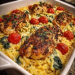 In a large baking dish, add dry orzo, chicken broth, cherry tomatoes, spinach, garlic, olive oil, Italian seasoning, paprika, salt, and pepper Recipe