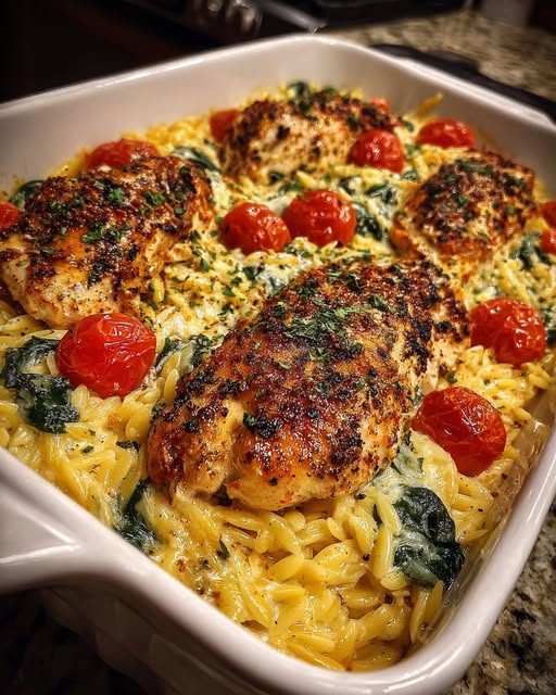 In a large baking dish, add dry orzo, chicken broth, cherry tomatoes, spinach, garlic, olive oil, Italian seasoning, paprika, salt, and pepper Recipe - Recipe Image