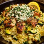 Lemon Dijon Chicken Orzo with Roasted Zucchini & Feta Sauce Recipe