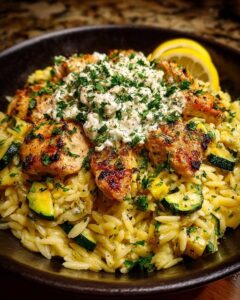 Lemon Dijon Chicken Orzo with Roasted Zucchini & Feta Sauce Recipe