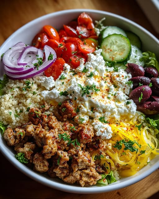 Greek Turkey Gyro Bowl with Spicy Lemon Garlic Feta Recipe - Recipe Image