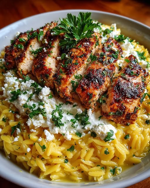 Lemon Garlic Chicken Orzo with Garlic Whipped Feta Recipe - Recipe Image