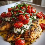 Place chicken cutlets on a plate, spoon tomato mixture over the top, and add torn burrata pieces Recipe