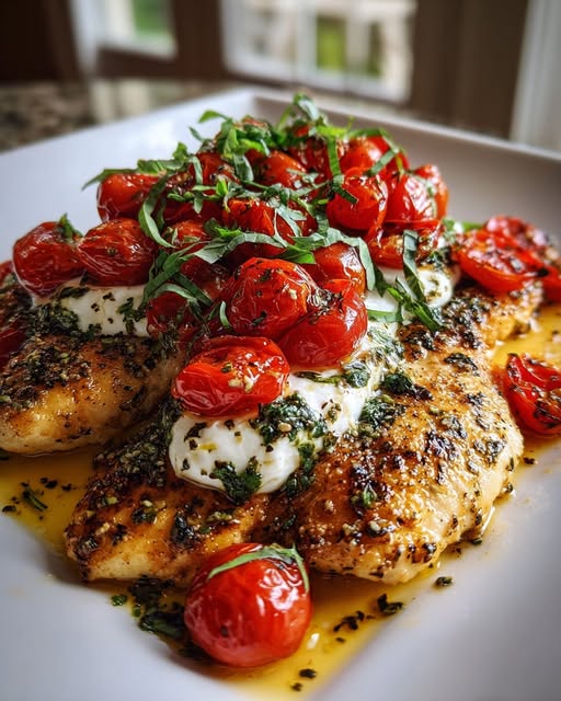 Place chicken cutlets on a plate, spoon tomato mixture over the top, and add torn burrata pieces Recipe