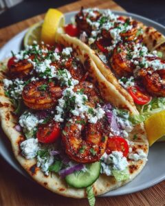 Home 2 Greek Shrimp Gyros with Charred Onion Feta Sauce Recipe
