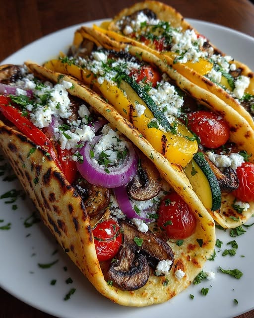 Greek Grilled Veggie Wraps with Roasted Garlic Feta Sauce Recipe