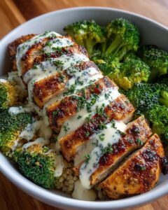 Grilled Chicken & Broccoli Bowls with Creamy Garlic Sauce Recipe