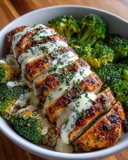 Grilled Chicken & Broccoli Bowls with Creamy Garlic Sauce Recipe
