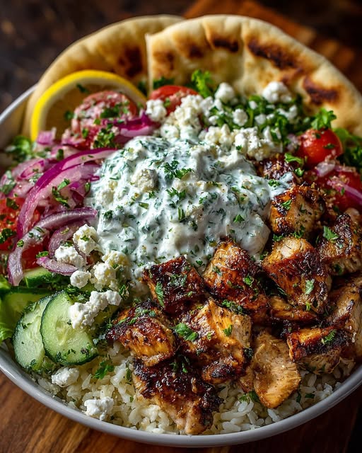 Mediterranean Chicken Pita Bowl with Herb Feta Sauce Recipe