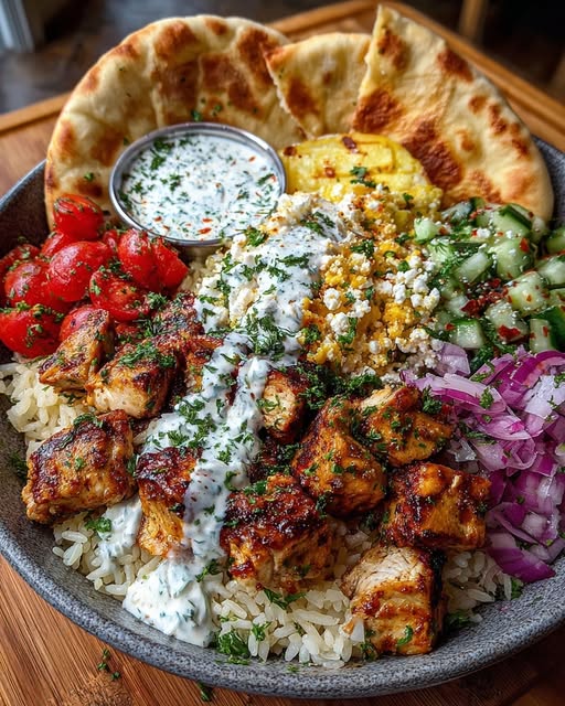 Mediterranean Chicken Pita Bowl with Spicy Feta Sauce Recipe