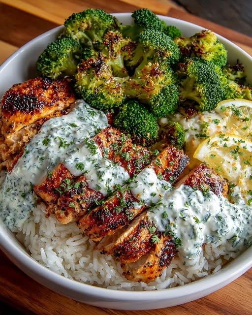 Grilled Chicken & Broccoli Bowls with Creamy Garlic Sauce Recipe - Recipe Image