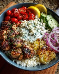 Home 4 Greek Chicken Souvlaki Bowls with Creamy Feta Sauce Recipe