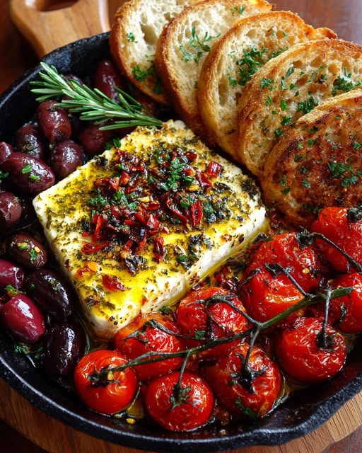 Golden Herb-Baked Feta with Olives, Tomatoes & Rustic Bread Recipe