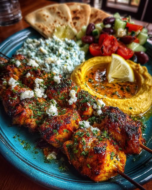 Mediterranean Chicken Skewers with Mezze Spread Recipe 6 Mediterranean Chicken Skewers with Mezze Spread Recipe - Recipe Image