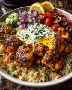 Home 4 Greek Chicken Souvlaki Bowls with Spicy Lemon Feta Sauce Recipe